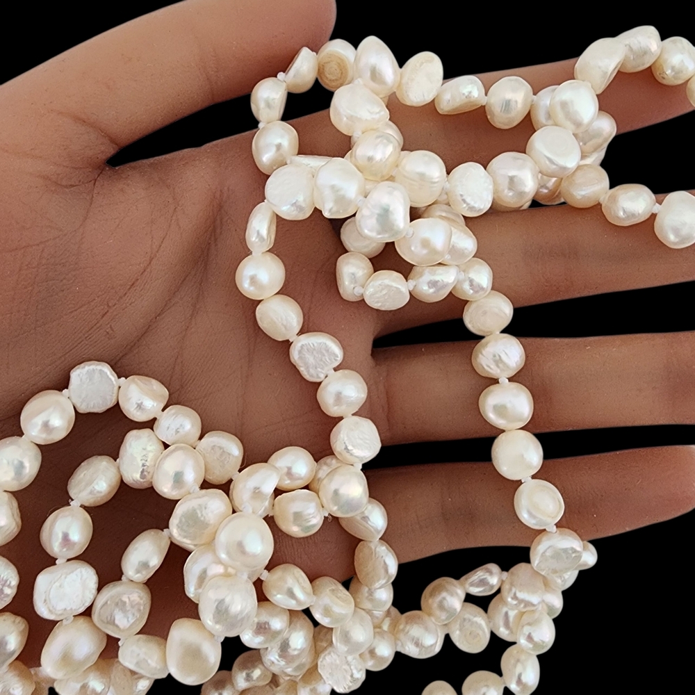 Extra long pearl necklace hand knotted baroque pearls cream infinity necklace